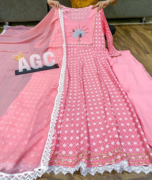A Premium cotton anarkali gown with beautiful work on yoke & lac