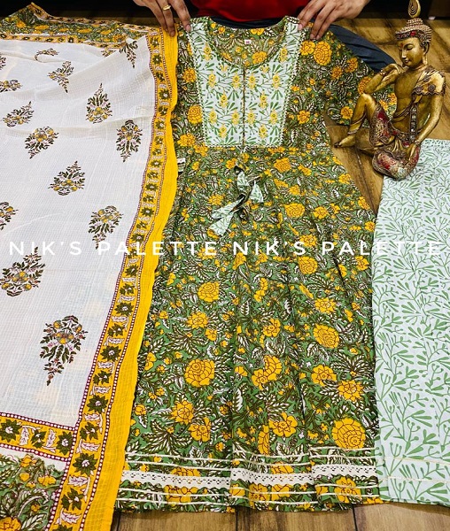 Premium cotton  floral print anarkali kurti with beautiful work